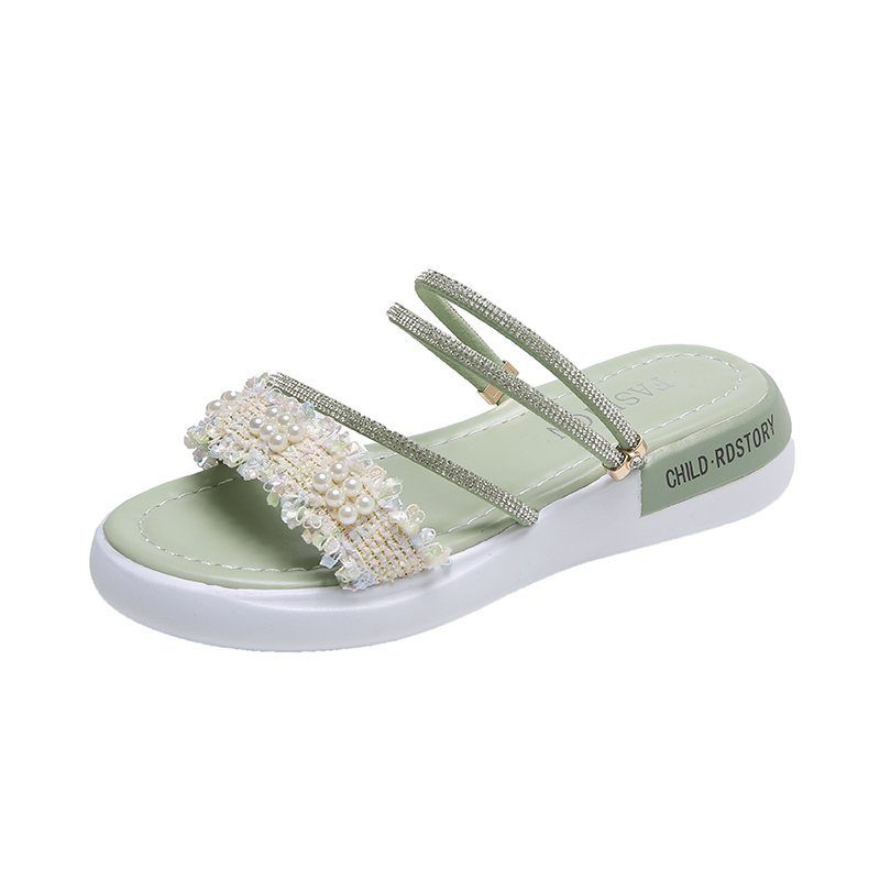 Rhinestone Sandaler Kvinners Flate Sko Sommer Ny Student Perle Romerske Tøfler Sko Tidevann