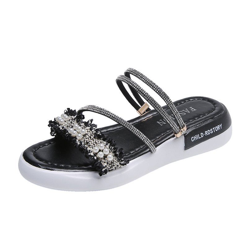 Rhinestone Sandaler Kvinners Flate Sko Sommer Ny Student Perle Romerske Tøfler Sko Tidevann