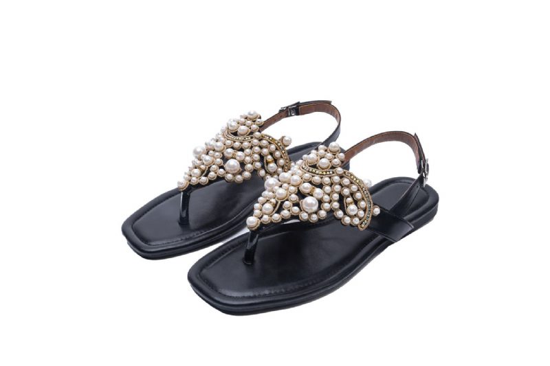 Sandaler Dame Sommer 2024 Rhinestone Perle Flat Bunn Firkantet Tå Klyp Åpen Tå Tå Damesko 41-43