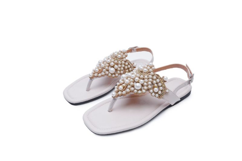 Sandaler Dame Sommer 2024 Rhinestone Perle Flat Bunn Firkantet Tå Klyp Åpen Tå Tå Damesko 41-43