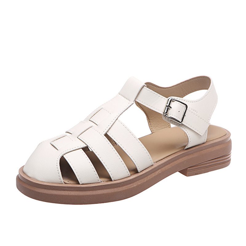 Uformelle Sandaler I Mykt Skinn Kvinner 2024 Sommer Ny Veving Myk Bunn Baotou Tykk Retro Flat Romerske