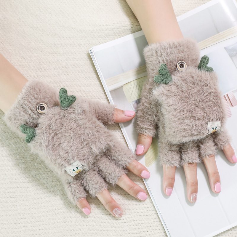 2024 Vinter Varme Hansker Søte Jenter Christmas Fawn Flip Cover Mink Strikket Half Fingers