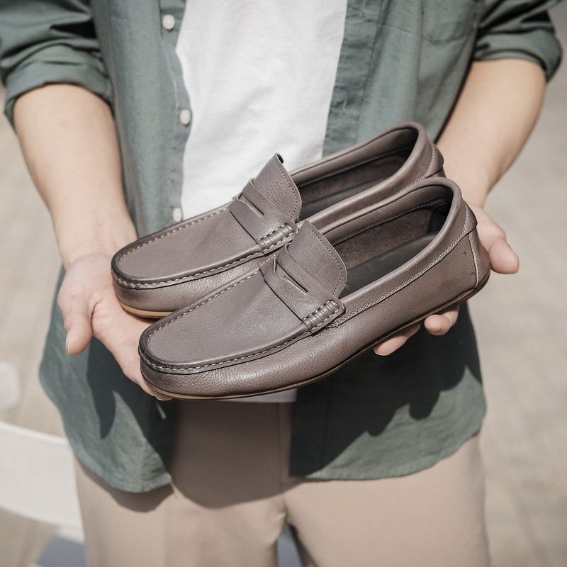 Enkeltlags Ekte Søm For Menn Erter Sko Slip-on Loafers Myke Såler Uformelle Kjøresko