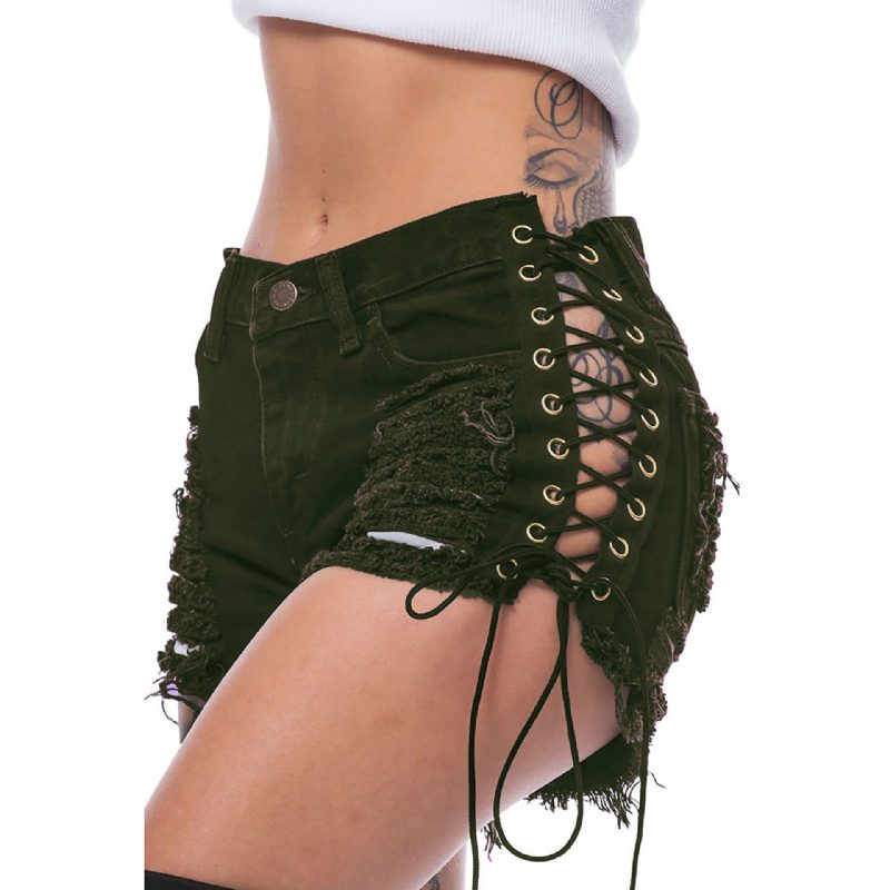 2024 Revet Sidebandasje Elastisk Hotpants Denimshorts Dame