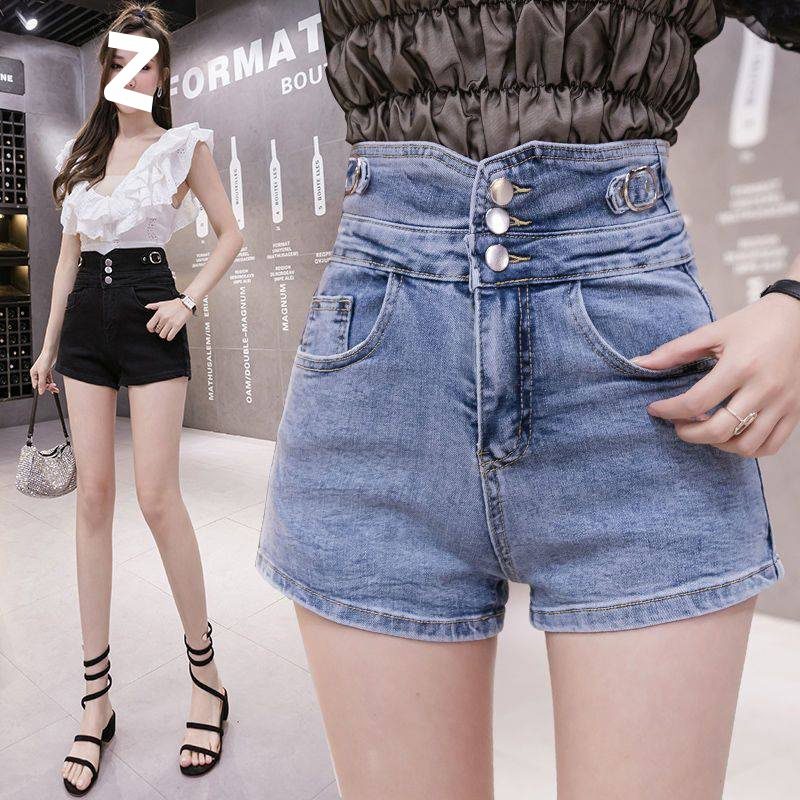 2024 Våren Og Sommeren Nye Denimshorts Med Høy Midje Med Knapper For Kvinner Brede Benbukser Slim-fit Elastiske A-linje Hotpants