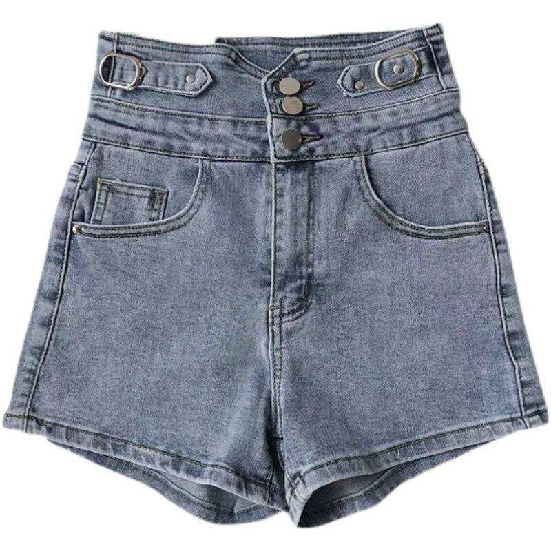 2024 Våren Og Sommeren Nye Denimshorts Med Høy Midje Med Knapper For Kvinner Brede Benbukser Slim-fit Elastiske A-linje Hotpants