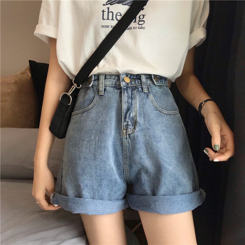 Dame Avslappet Jeans Shorts Høy Midje Bred Leg Rett