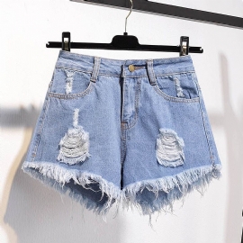 Dame Denim Raw Shorts Løse Rippede Brede Ben