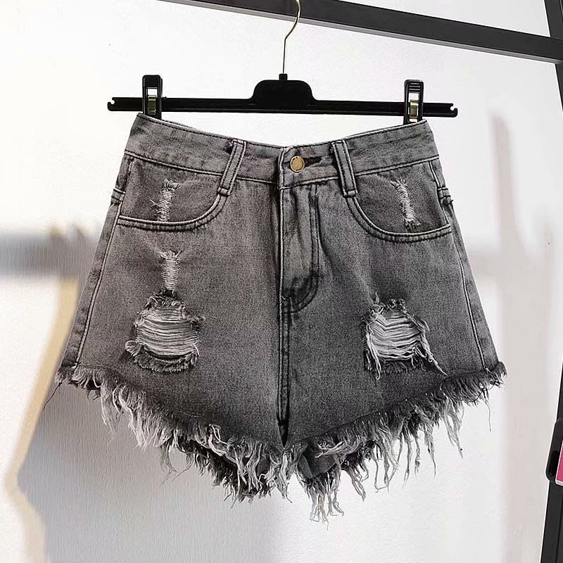 Dame Denim Raw Shorts Løse Rippede Brede Ben