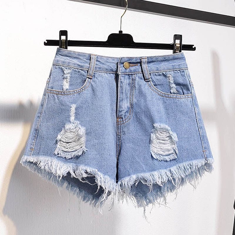 Dame Denim Raw Shorts Løse Rippede Brede Ben