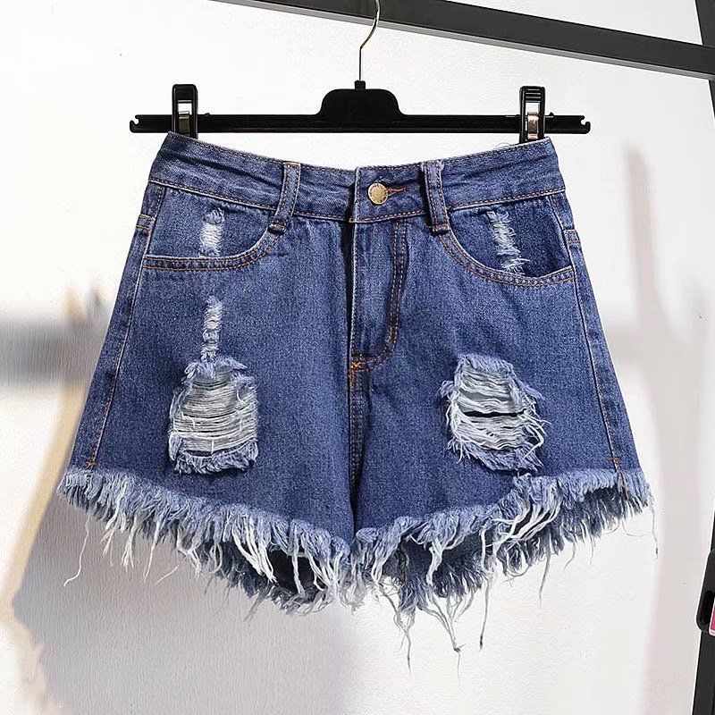 Dame Denim Raw Shorts Løse Rippede Brede Ben