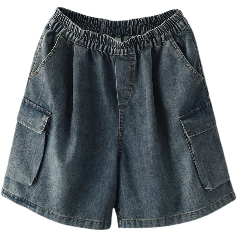 Dame Denim Shorts Elastisk Midje Art Store Lommer Brede Ben Casual