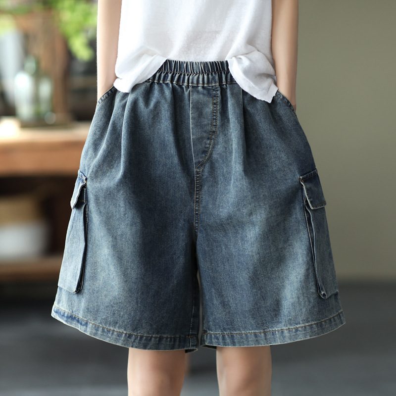 Dame Denim Shorts Elastisk Midje Art Store Lommer Brede Ben Casual