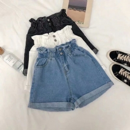 Dame Denim Shorts Elastisk Midje Løse Brede Ben Trendy