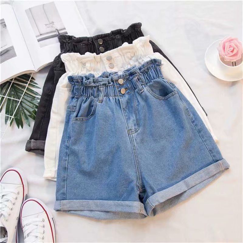 Dame Denim Shorts Elastisk Midje Løse Brede Ben Trendy