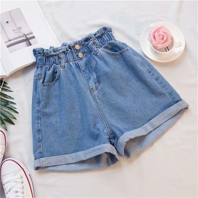 Dame Denim Shorts Elastisk Midje Løse Brede Ben Trendy