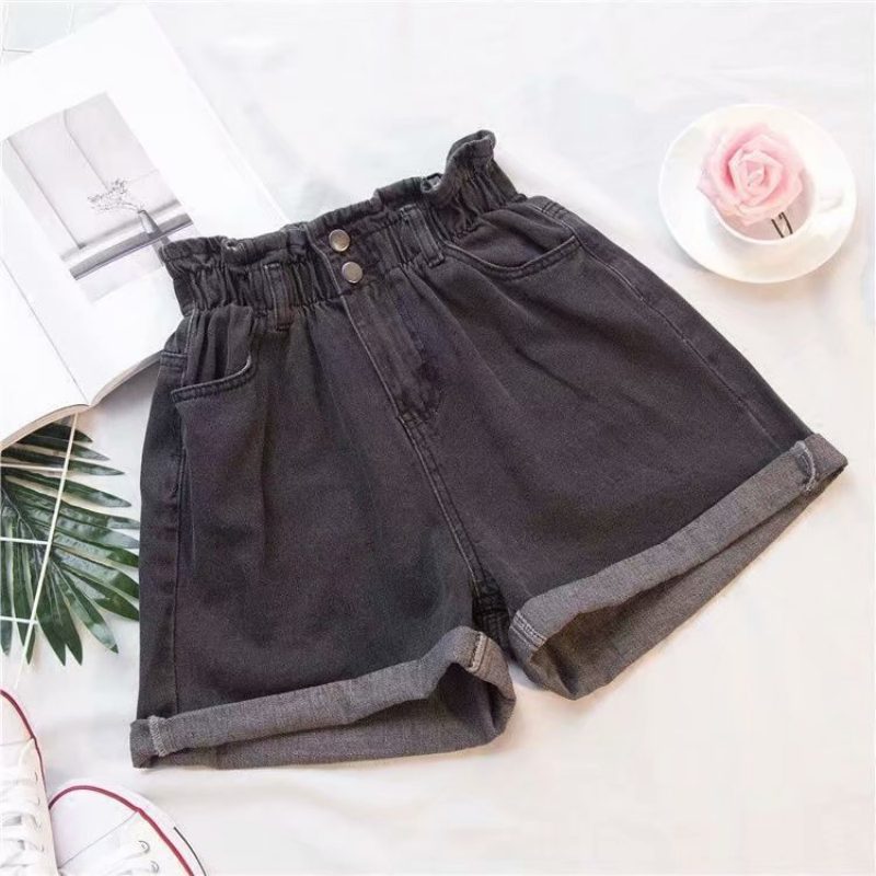 Dame Denim Shorts Elastisk Midje Løse Brede Ben Trendy