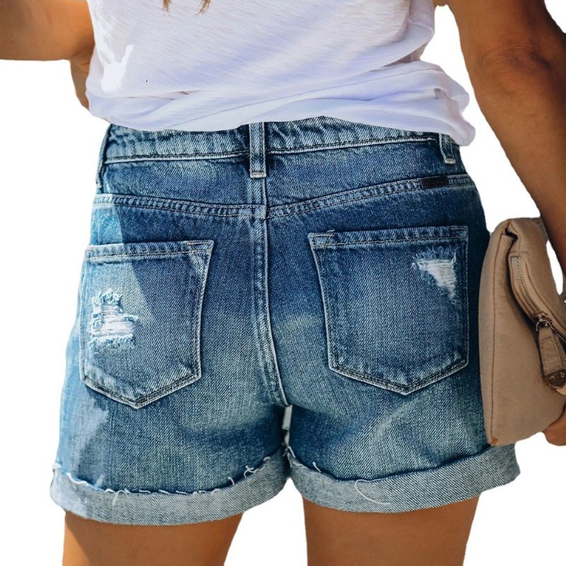 Dame Denim Shorts Høy Midje Mote Breasted Hot Pants Ripped Populær