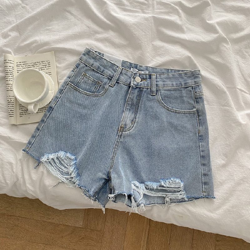 Dame Denimshorts Med Hull Løse Brede Ben