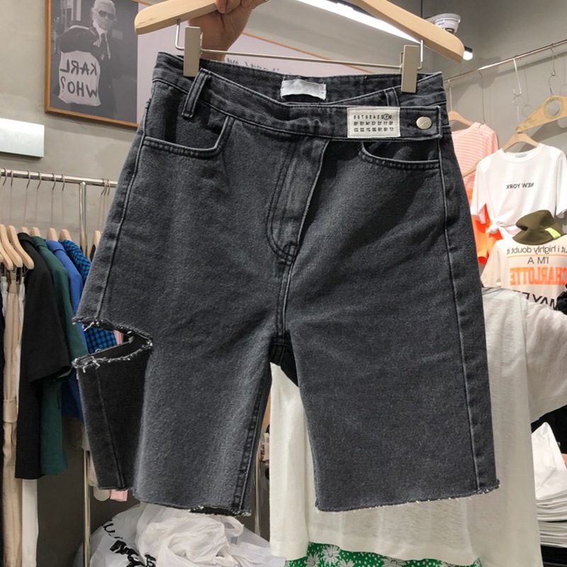 Dameshorts Mellombukser Høy Midje Fempunkts Hull Rette Jeans