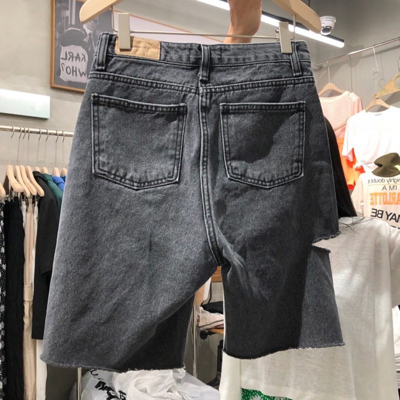 Dameshorts Mellombukser Høy Midje Fempunkts Hull Rette Jeans