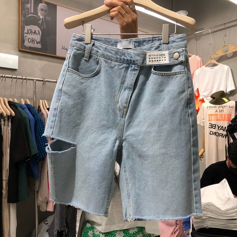 Dameshorts Mellombukser Høy Midje Fempunkts Hull Rette Jeans