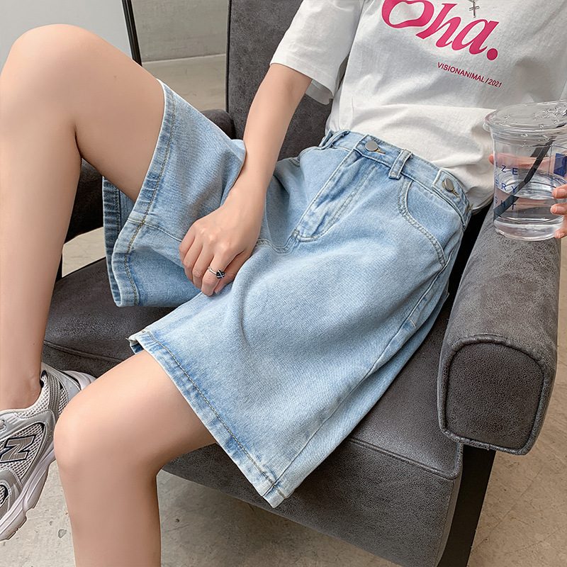 Denim Shorts Dame Høy Midje Løs Fempunkts Rett Bred Ben Tynn Seksjon