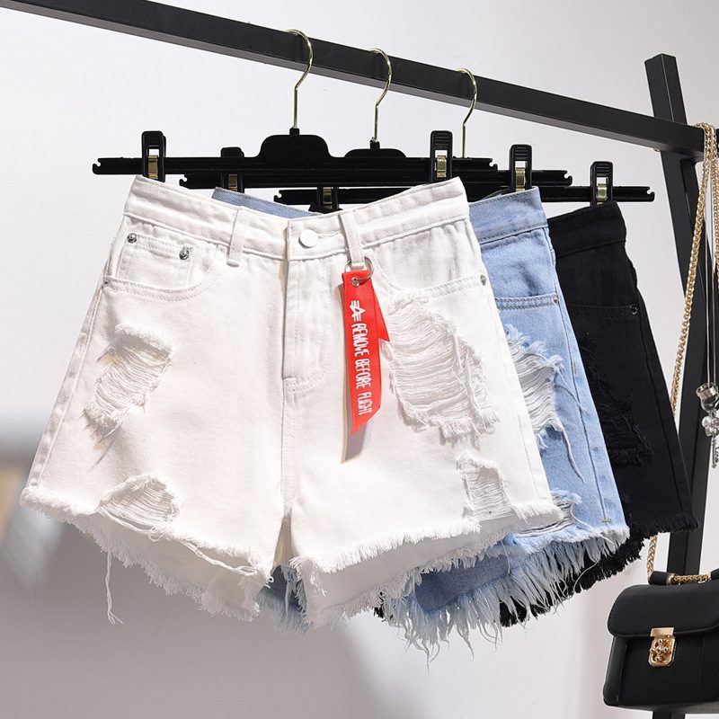 Denim Shorts Dame Høy Midje Løse Hull Brede Ben