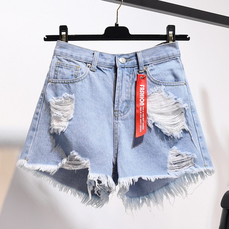 Denim Shorts Dame Høy Midje Løse Hull Brede Ben