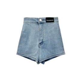 Denim Shorts Dame Tynn Seksjon Høy Midje Rett Slim Fit Elastisk Bredt Ben