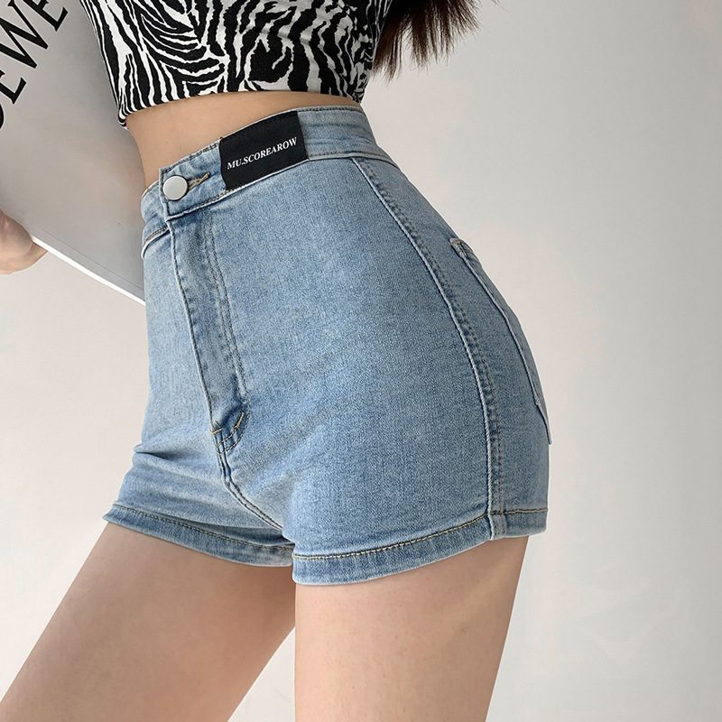 Denim Shorts Dame Tynn Seksjon Høy Midje Rett Slim Fit Elastisk Bredt Ben