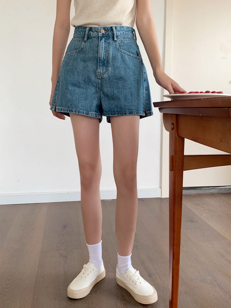 Denimshorts Dame Sommer Nye Slitte Hot Pants Høy Midje Tynne A-linje Brede Ben Bukser