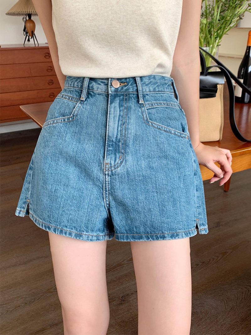 Denimshorts Dame Sommer Nye Slitte Hot Pants Høy Midje Tynne A-linje Brede Ben Bukser