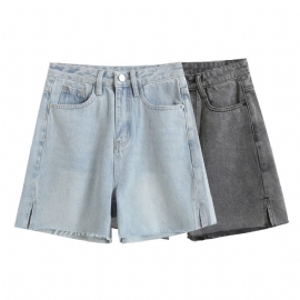 Denimshorts Med Brede Ben Damesidespalte Råkant Høy Midje