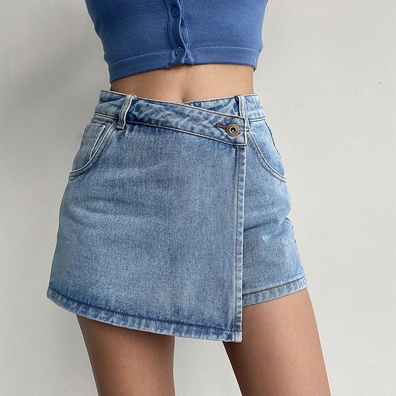 Høy Midje Denim Shorts Dame Lys Farge Falsk Todelt Temperament