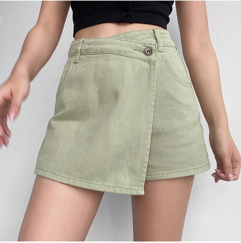 Høy Midje Denim Shorts Dame Lys Farge Falsk Todelt Temperament