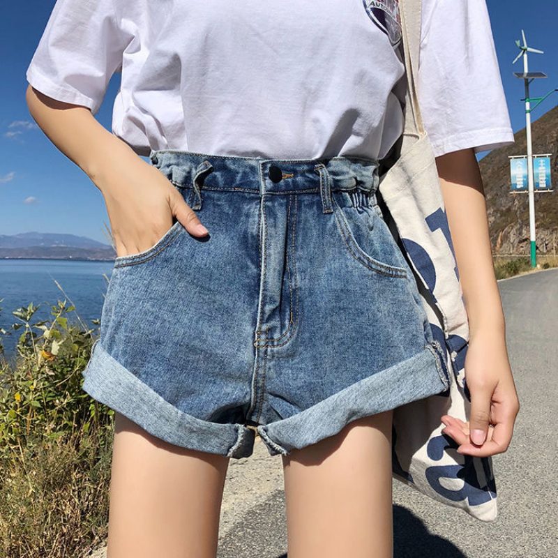 Høy Midje Denimshorts For Damer Løs Vidde Ben Casual