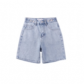 Høy Midje Multi Button Blå Denim Shorts Dame Hot Pants