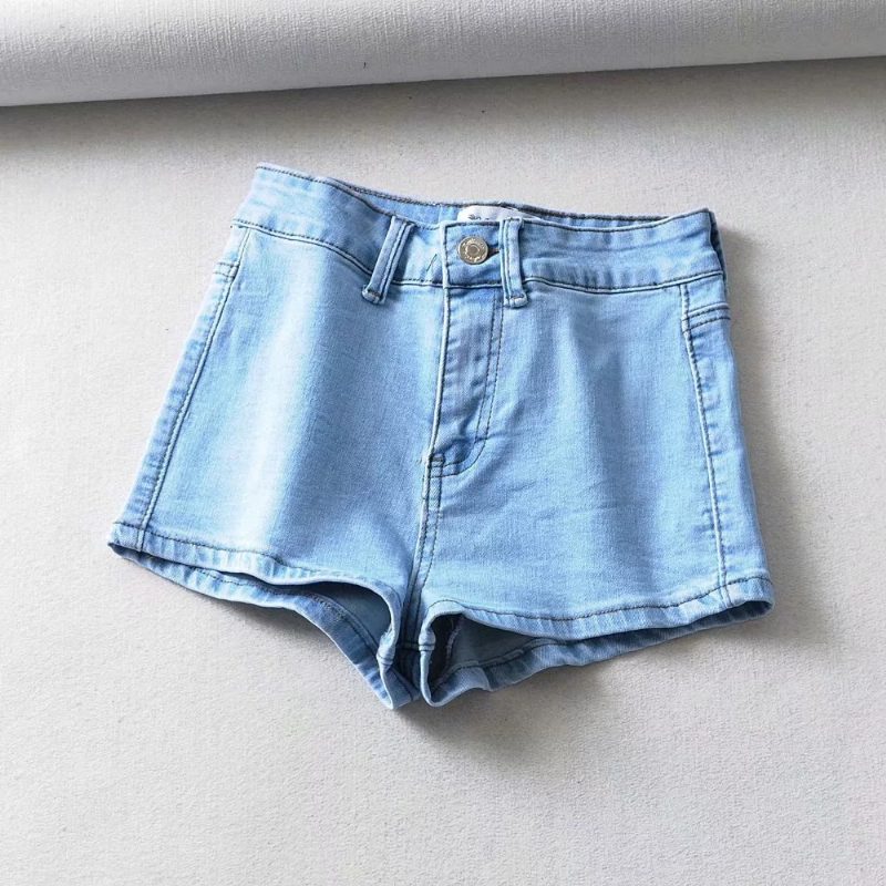 Høye Elastiske Denimshorts Kvinner Sommer Basic Stil En Knapp Høy Midje Dameveske Hip Hot Pants