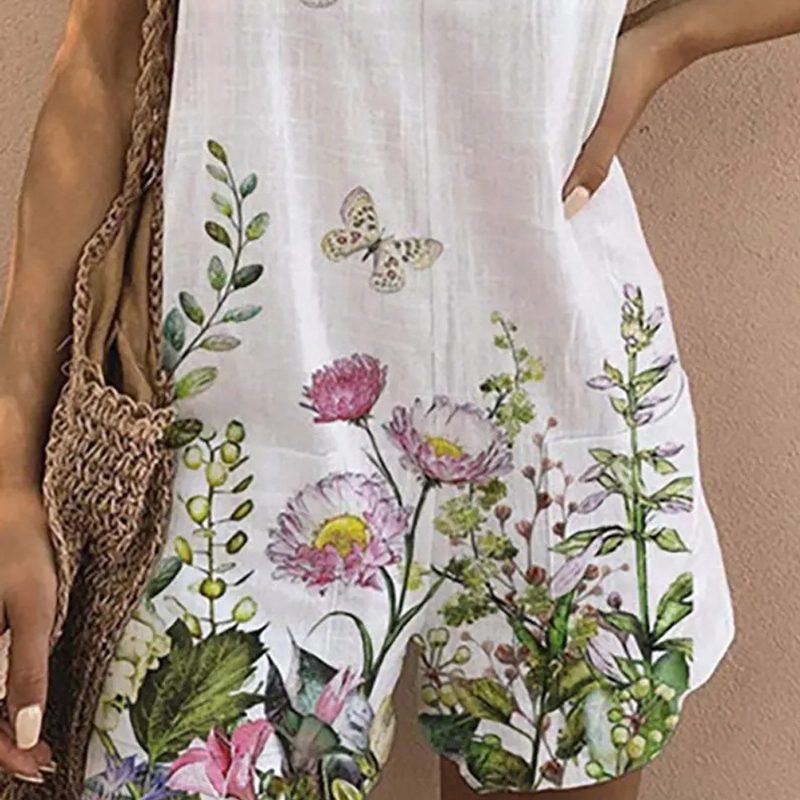 Jumpsuit Shorts Dame Printed Rund Neck Ermeløs Casual