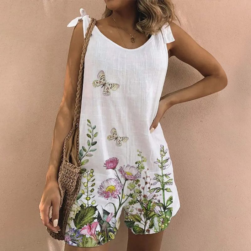 Jumpsuit Shorts Dame Printed Rund Neck Ermeløs Casual