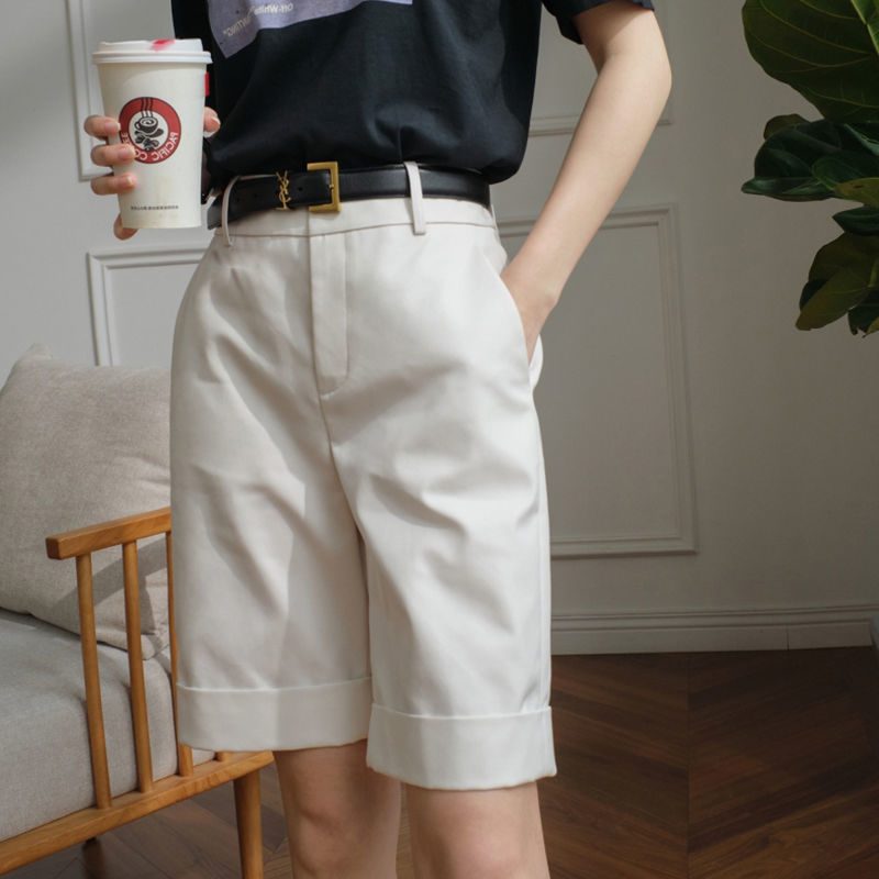 Shorts Dame Høy Midje Rett Khaki Casual Cropped Bukser