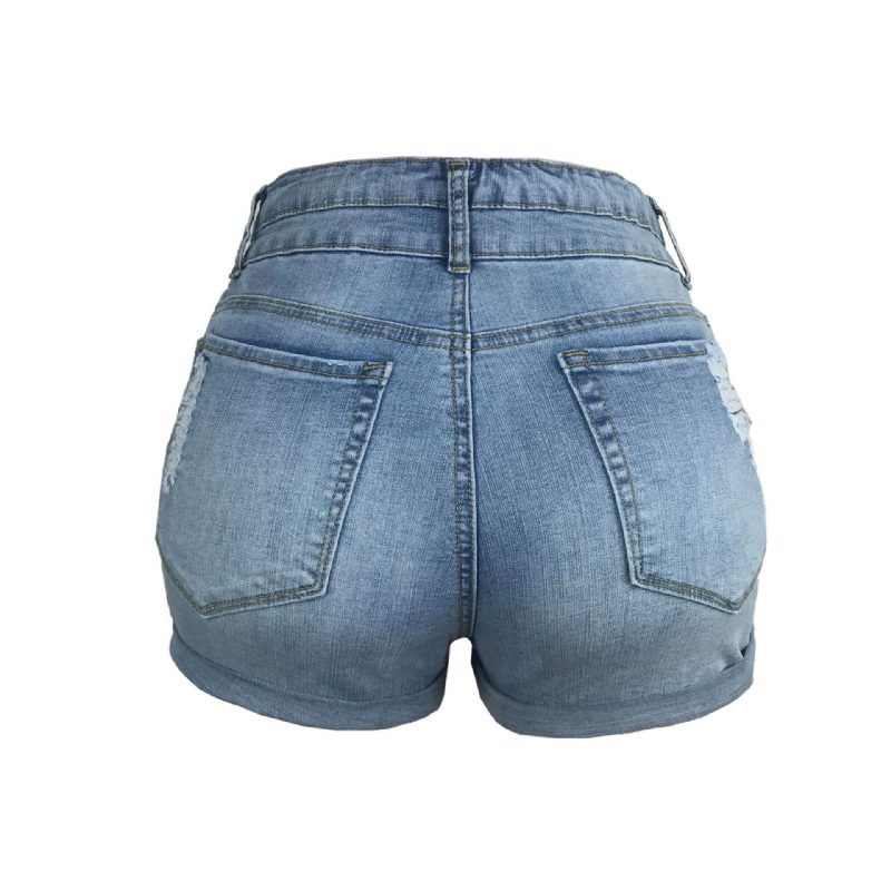 Shorts For Kvinner Trendy Hull Rullet Elastisk Høy Midje Denim