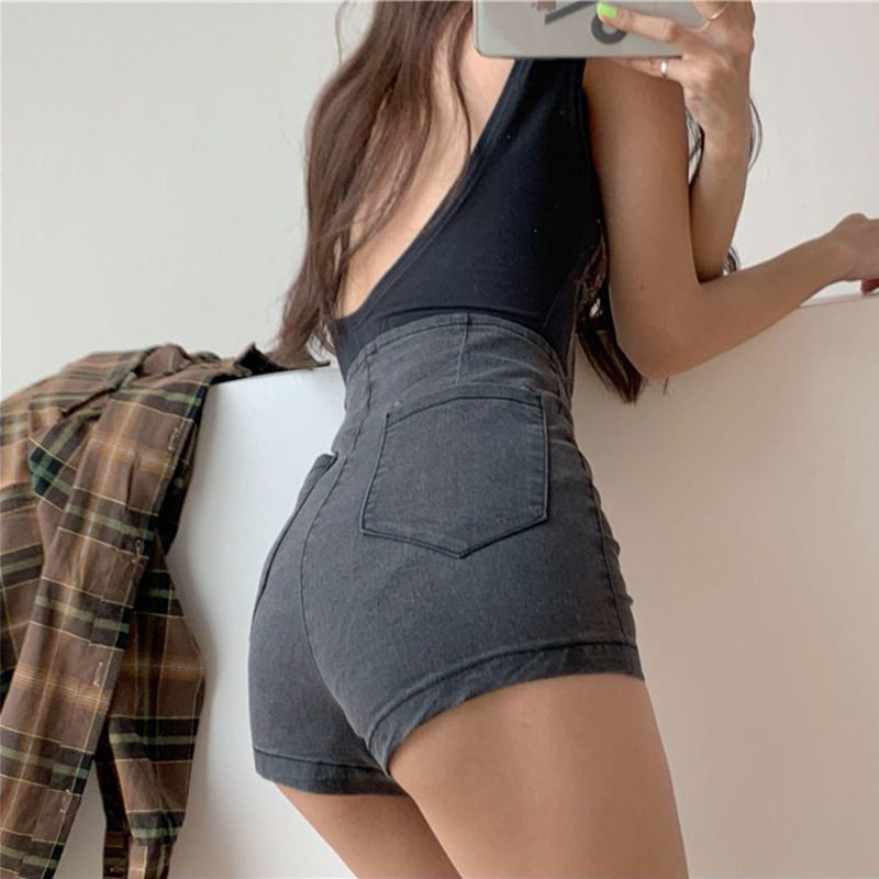 Skinny High Elastisk Wrap Hip Dame Denim Shorts Høy Midje Vis Ben