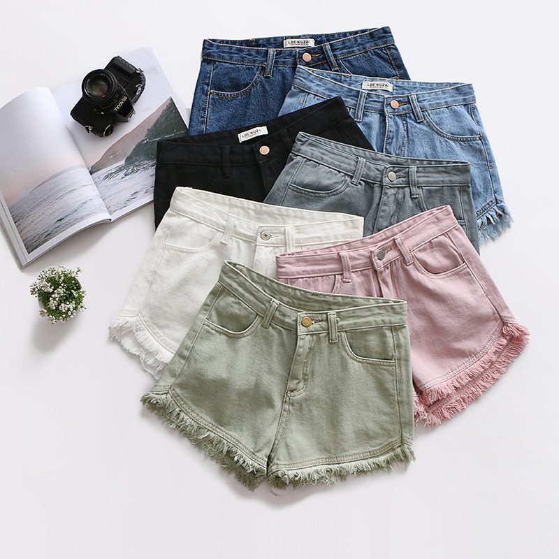 Slim Fit Candy Color Denim Shorts Dame Raw Edges Tassel Hot Pants