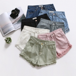 Slim Fit Candy Color Denim Shorts Dame Raw Edges Tassel Hot Pants