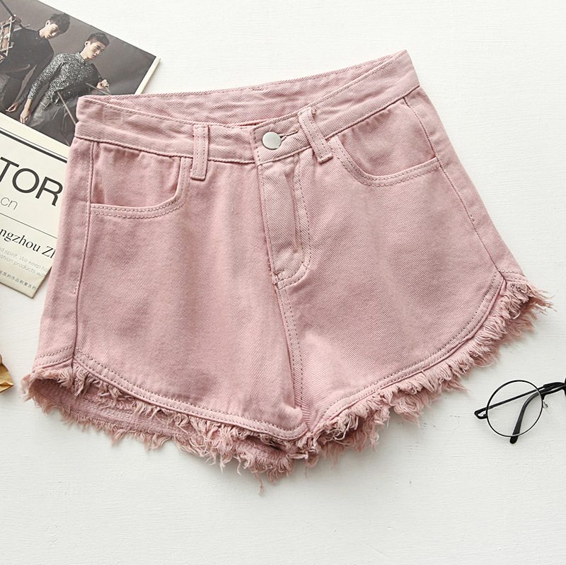 Slim Fit Candy Color Denim Shorts Dame Raw Edges Tassel Hot Pants