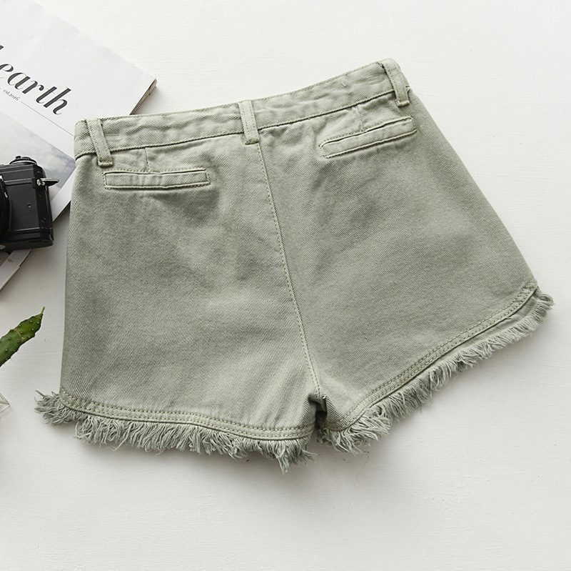 Slim Fit Candy Color Denim Shorts Dame Raw Edges Tassel Hot Pants