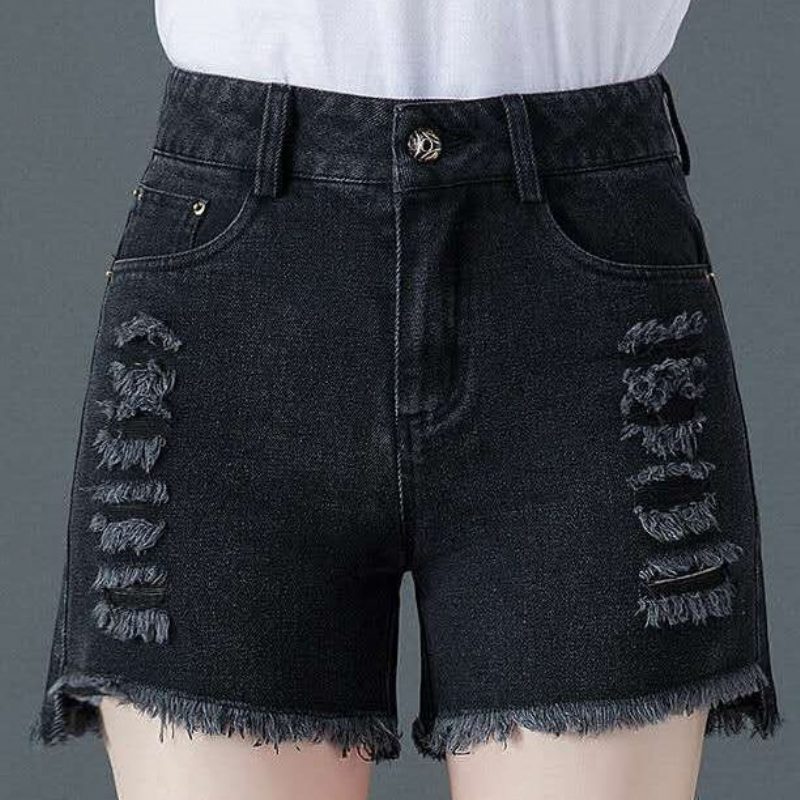 Svart Denimshorts Med Høy Midje Løs Uformell Revet Tynn Del