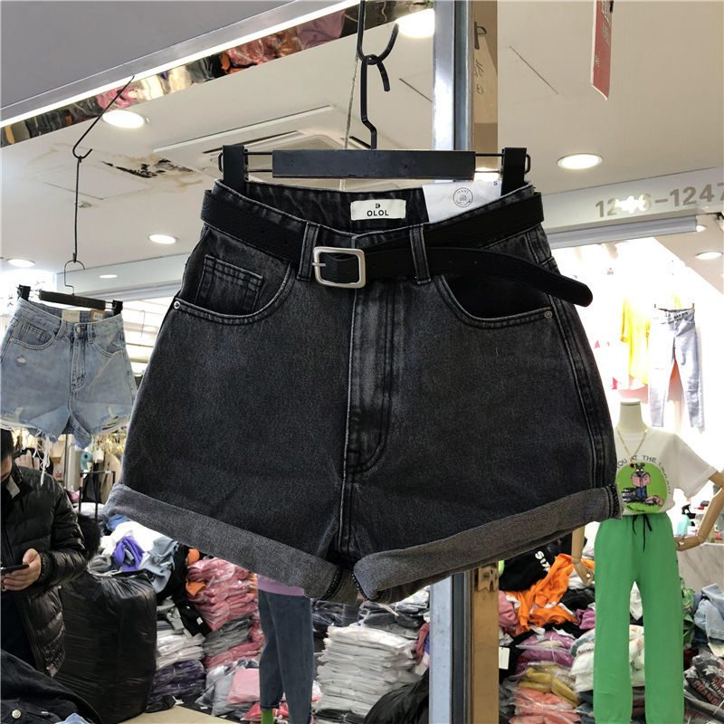 Svart Og Grå Denim Shorts Dame Høy Midje Brede Ben Løs